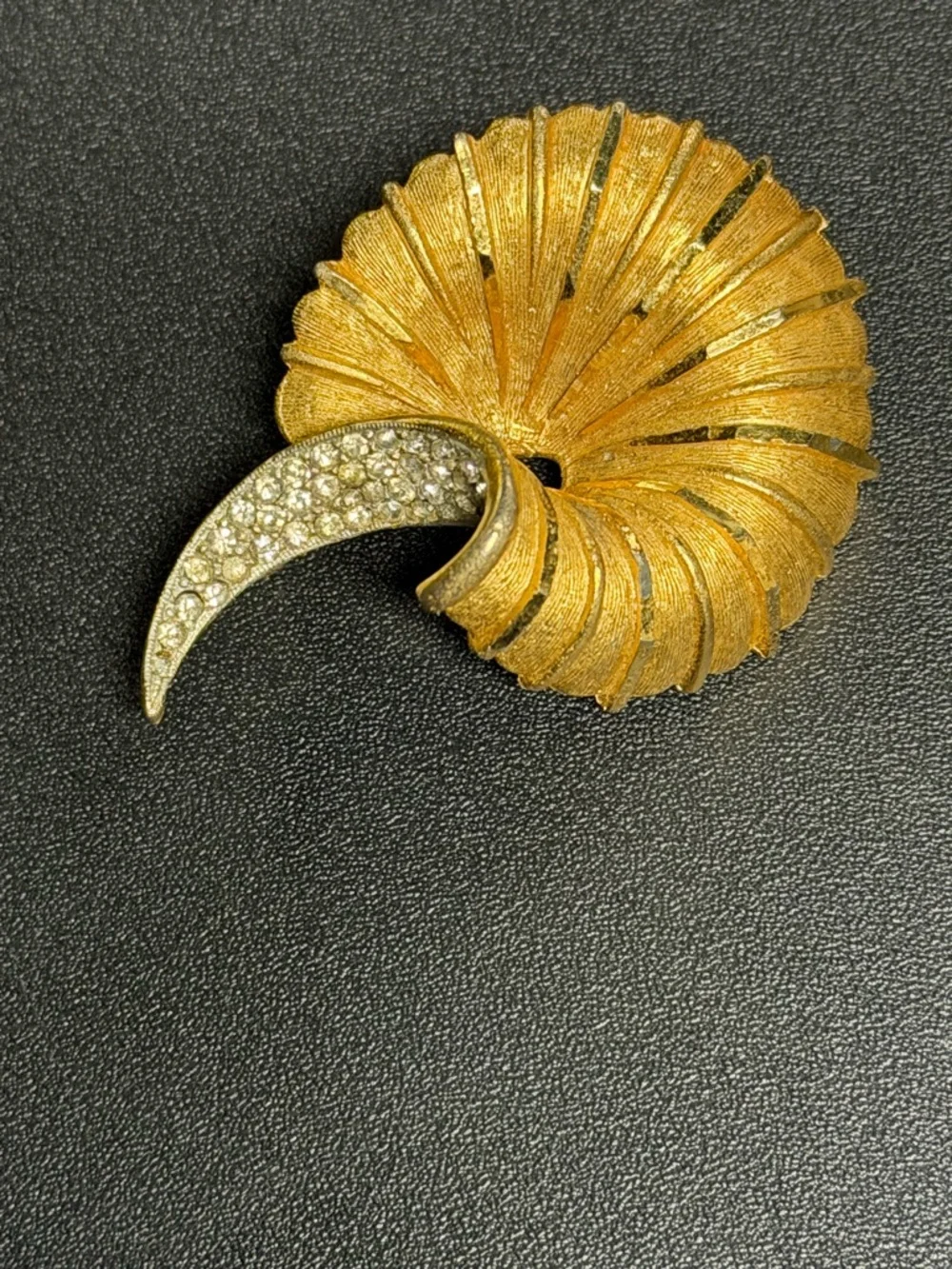 Stunning Vintage Gold-Tone BSK Swirl Brooch with Crystal Accents!
